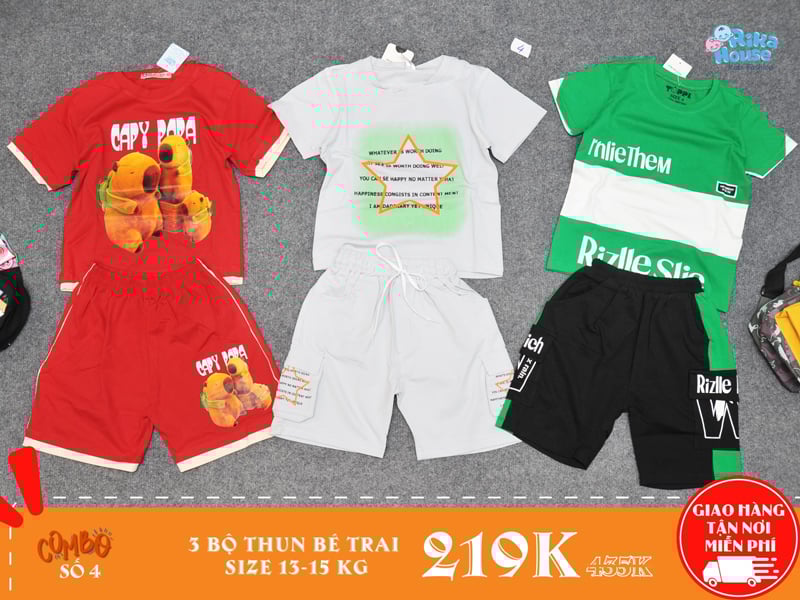 combo 3 bộ đồ thun bé trai size 4 cho bé từ 13-15kg