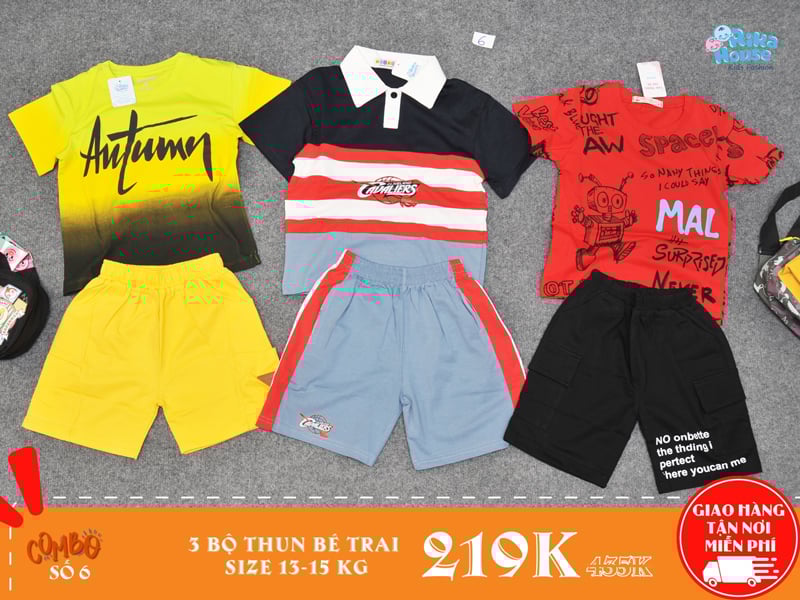 combo 3 bộ đồ thun bé trai size 4 cho bé từ 13-15kg