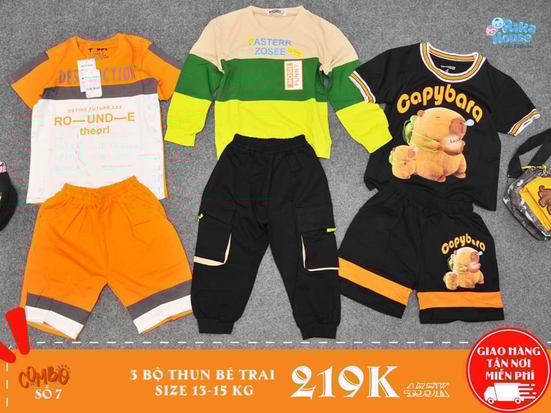 combo 3 bộ đồ thun bé trai size 4 cho bé từ 13-15kg