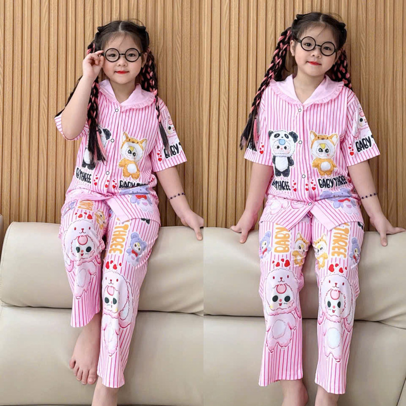 pijama bé gái thun lạnh cổ sen