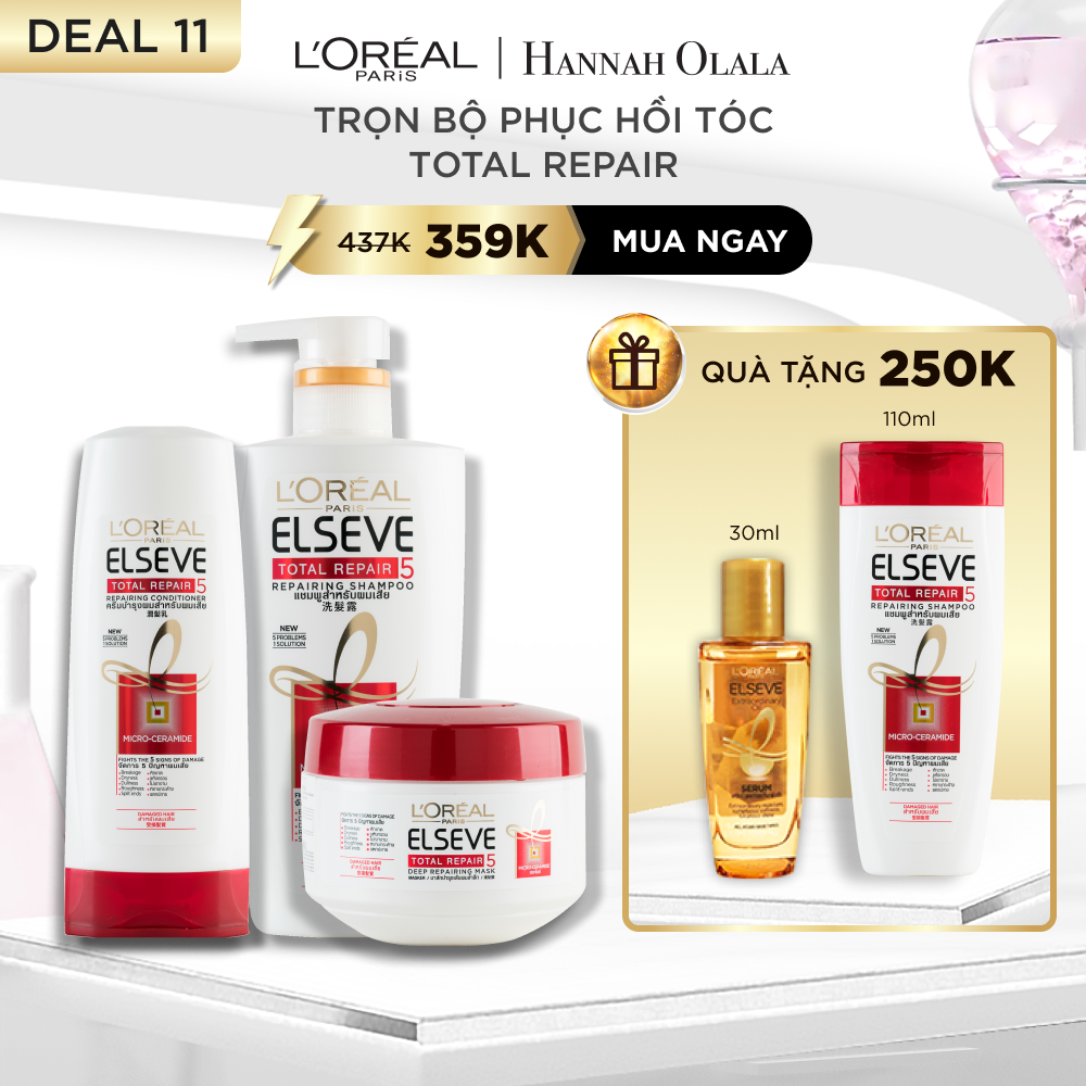 DEAL 11: Bộ gội xả ủ phục hồi tóc L'oreal Paris Elseve Total Repair 5 Repairing