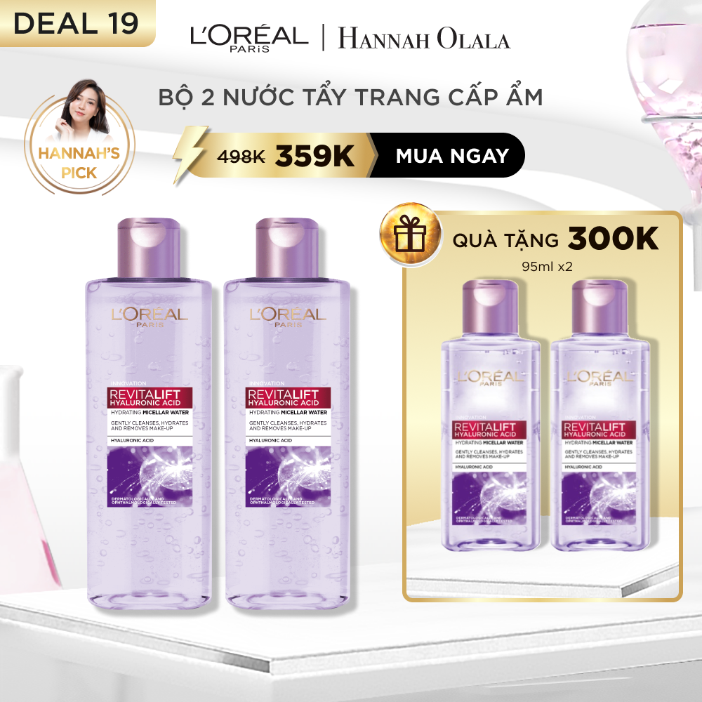 Bộ 2 nước tẩy trang siêu dưỡng ẩm giúp căng mịn da L'Oreal Paris 3in1 Hyaluronic Acid Micellar Water 400ml x 2