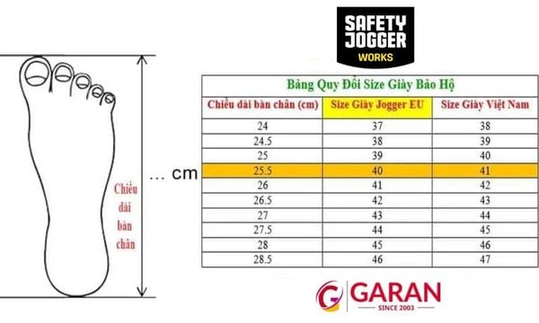 Bảng quy đổi size giày bảo hộ Jogger