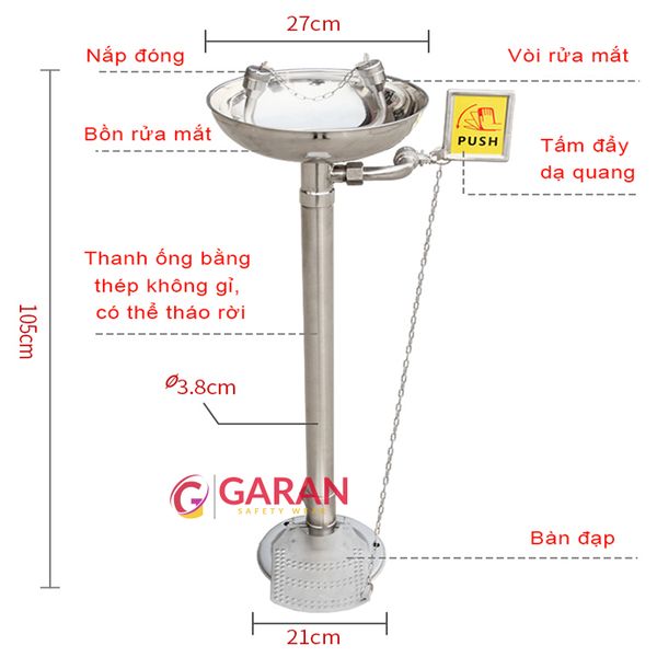 Bồn rửa mắt khẩn cấp chính hãng bằng thép không gỉ 304 dày