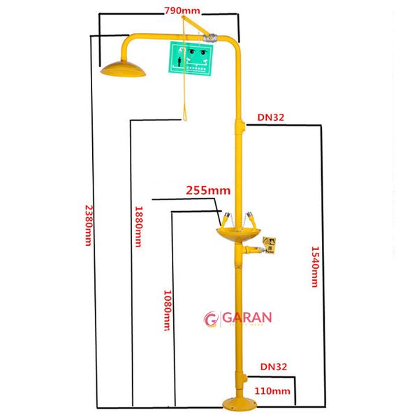 Bồn Rửa Mắt Và Tắm Khẩn Cấp Đứng Inox 304 Phủ ABS Màu Vàng