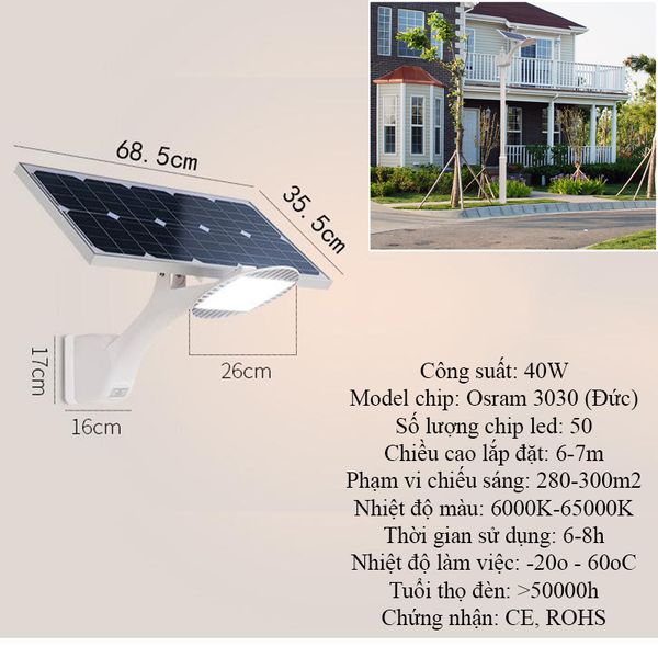 Đèn Đường Năng Lượng Mặt Trời 40W 50LED Vỏ Nhôm Siêu Bền