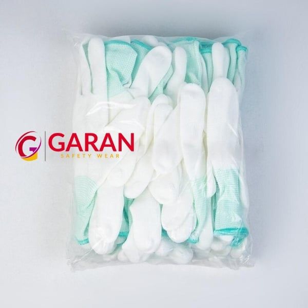 Găng tay sơi Polyester phủ PU đầu ngon tay màu trắng