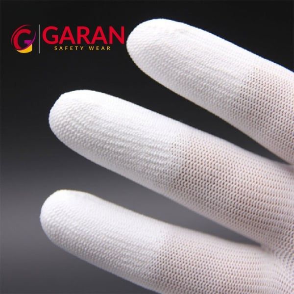 Găng tay sơi Polyester phủ PU đầu ngon tay màu trắng