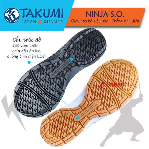 Giày Bảo Hộ Takumi Ninja S.O Không Dây Buộc Mũi Thép Chống Va Đập Đế Chống Dầu Chống Trơn Trượt Chống Tĩnh Điện