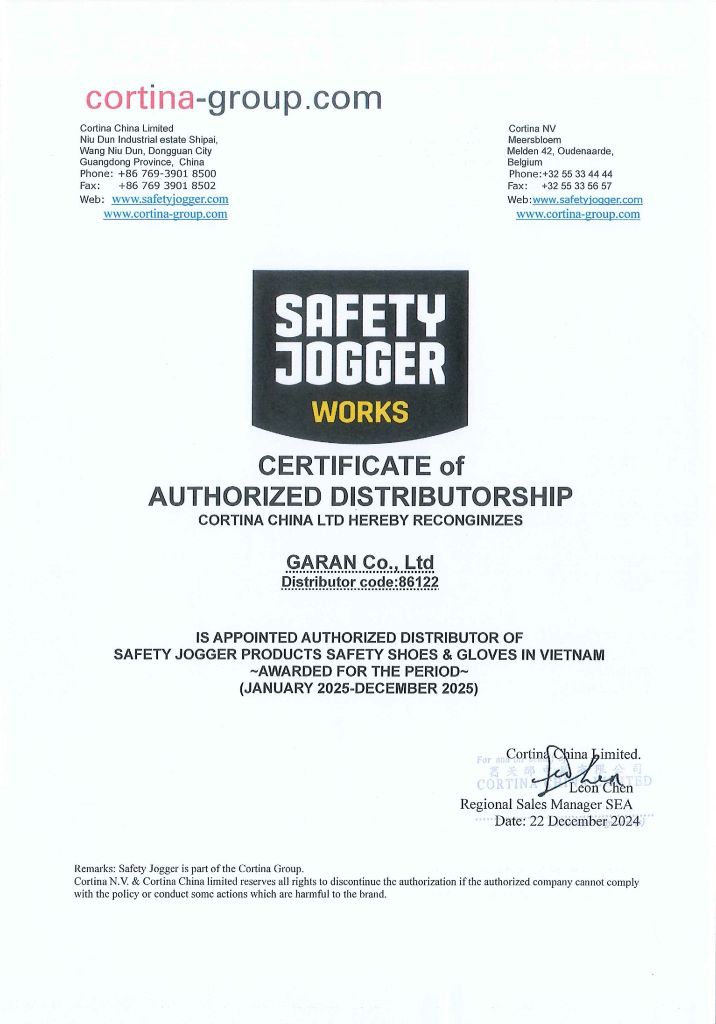 Giấy chứng nhận GA RAN là đại lý ủy quyền do Safety Jogger cấp phát