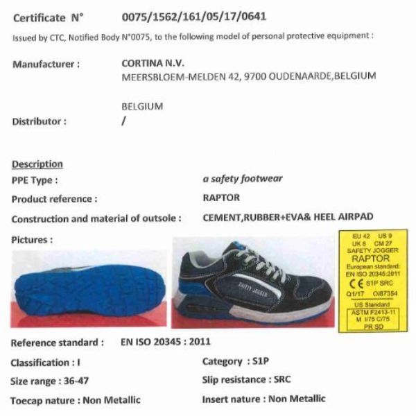 chứng nhận đạt chuẩn en iso 20345 của giày safety jogger raptor