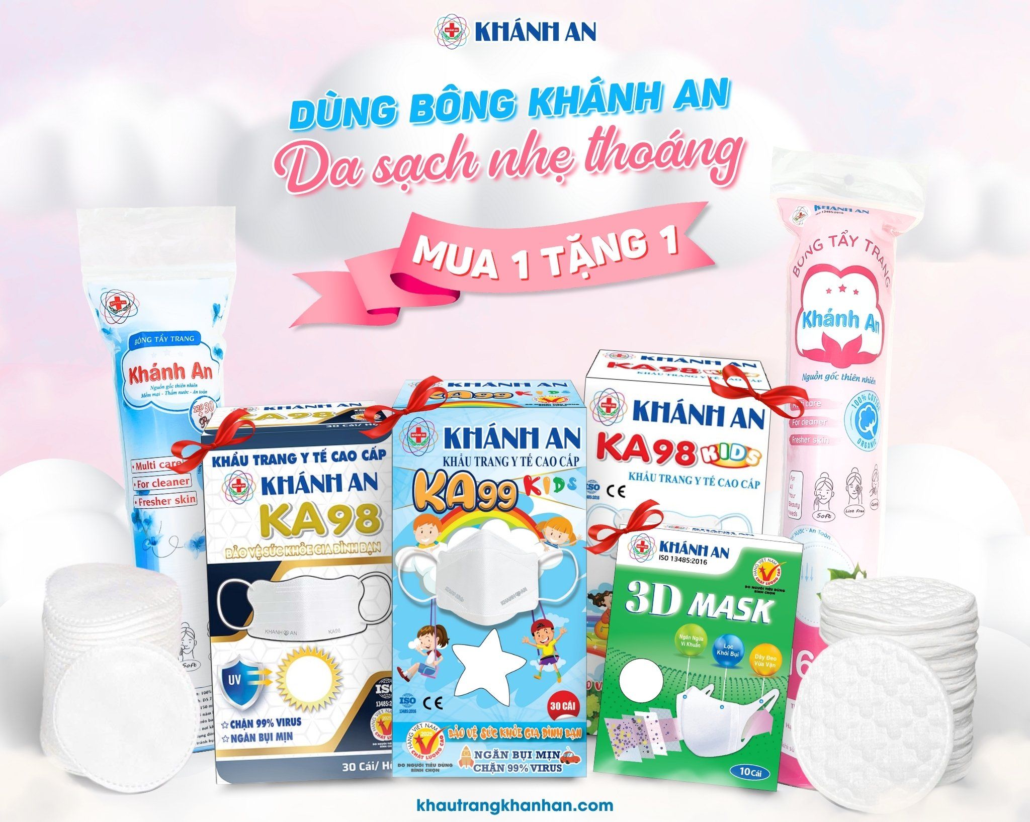 Chương trình ưu đãi bông tẩy trang mua 1 tặng 1 Khẩu trang Khánh An