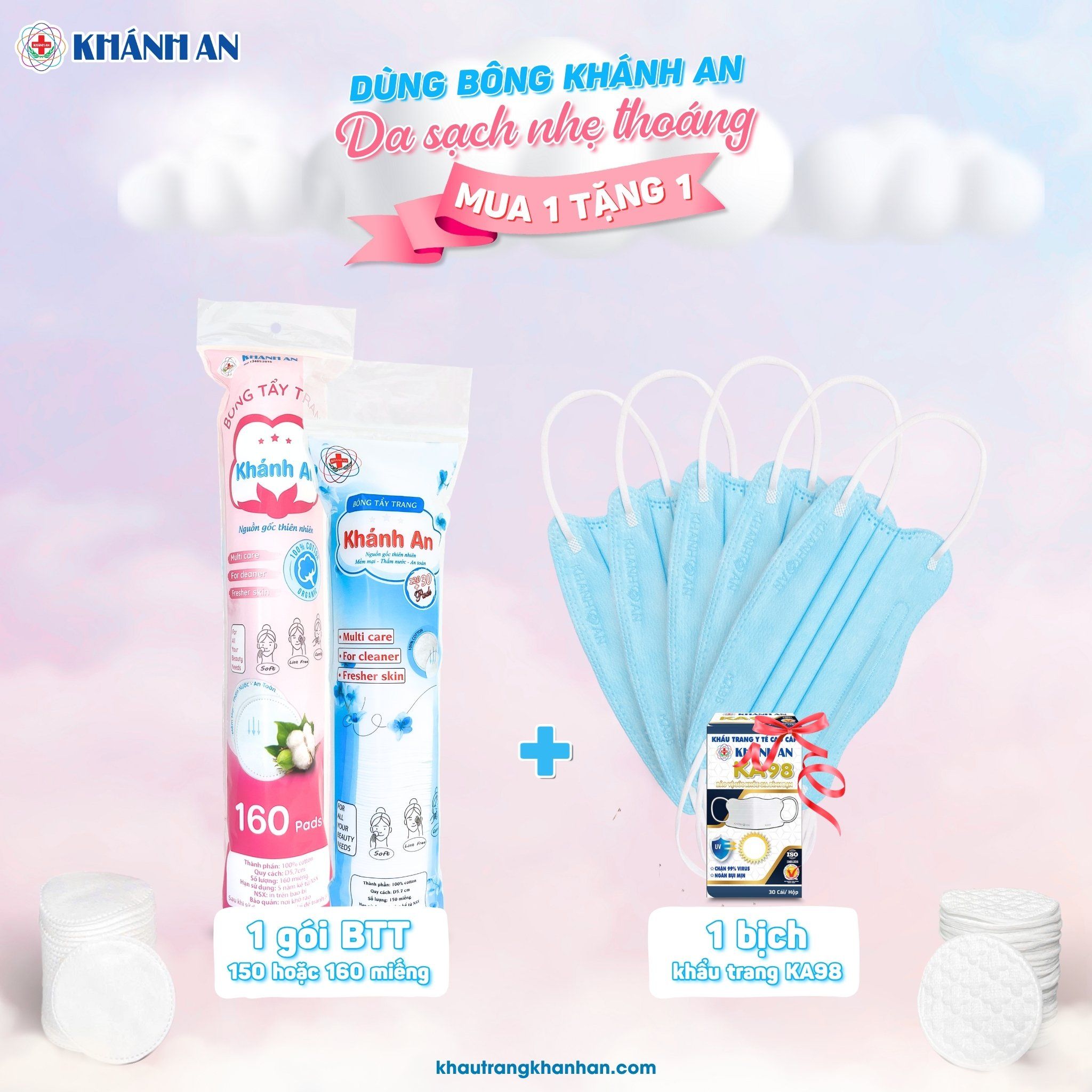 Chương trình ưu đãi bông tẩy trang mua 1 tặng 1 Khẩu trang Khánh An