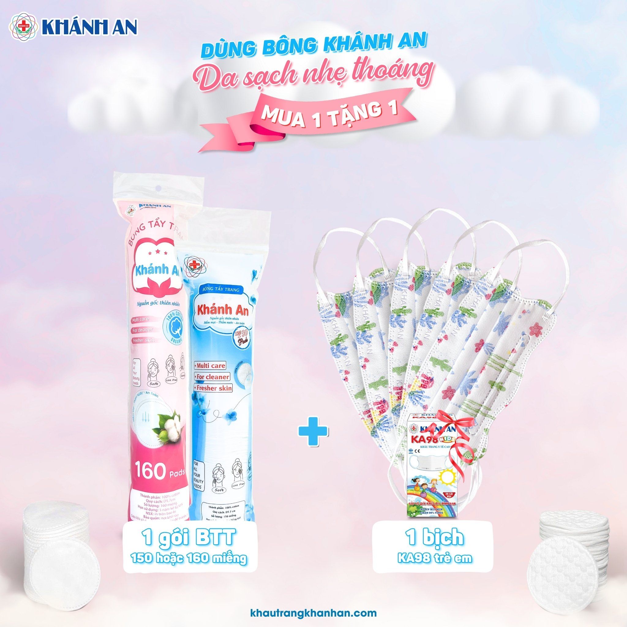 Chương trình ưu đãi bông tẩy trang mua 1 tặng 1 Khẩu trang Khánh An