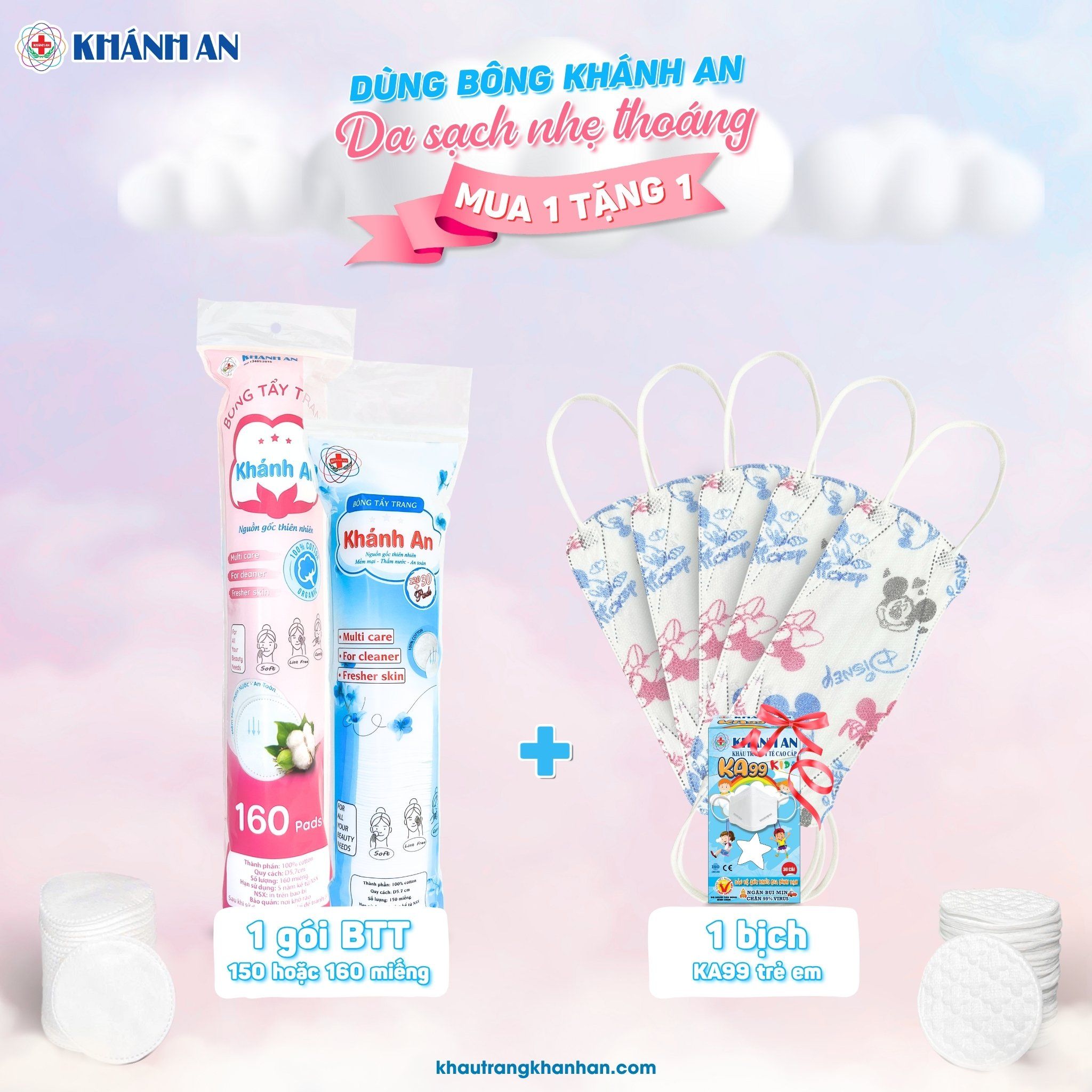 Chương trình ưu đãi bông tẩy trang mua 1 tặng 1 Khẩu trang Khánh An