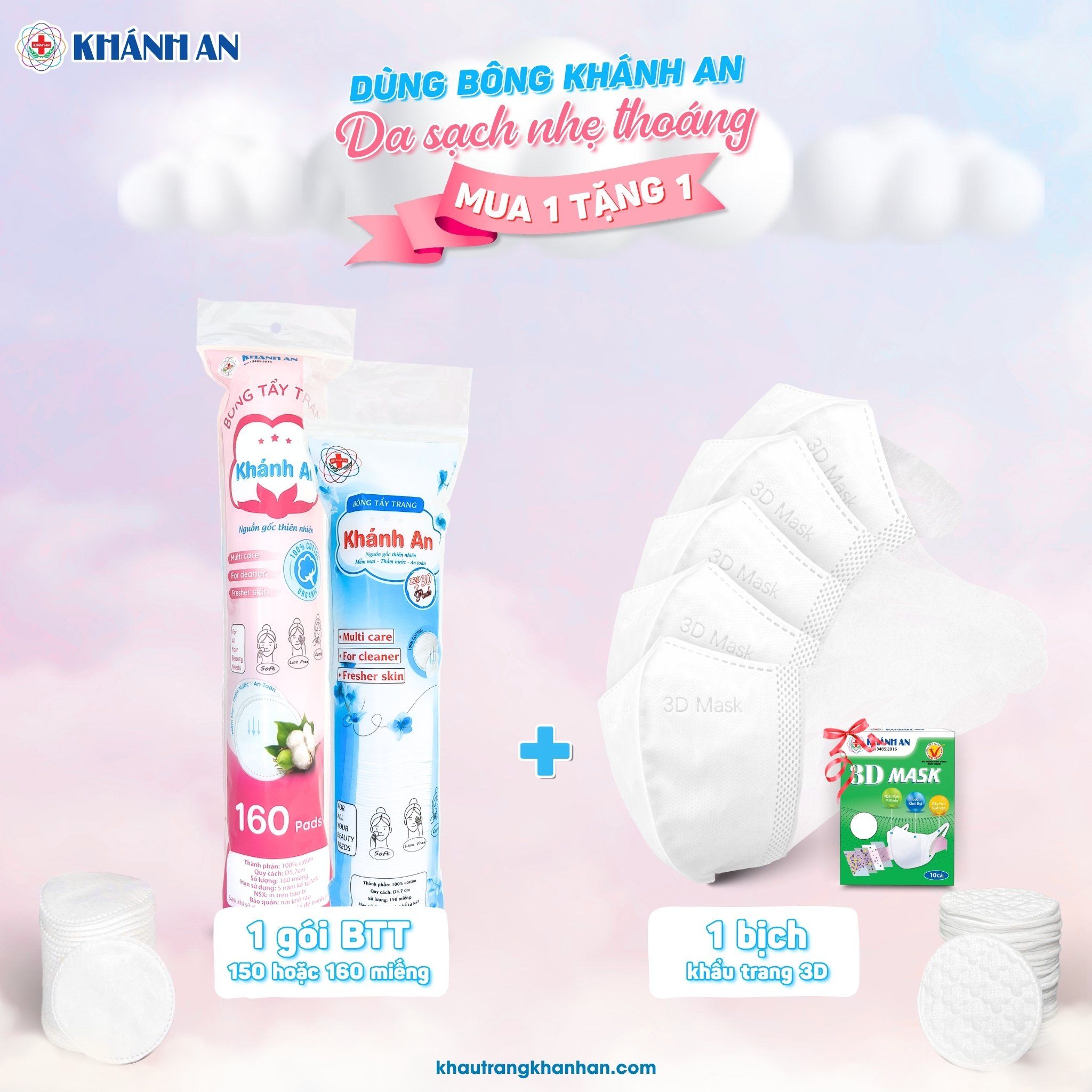 Chương trình ưu đãi bông tẩy trang mua 1 tặng 1 Khẩu trang Khánh An