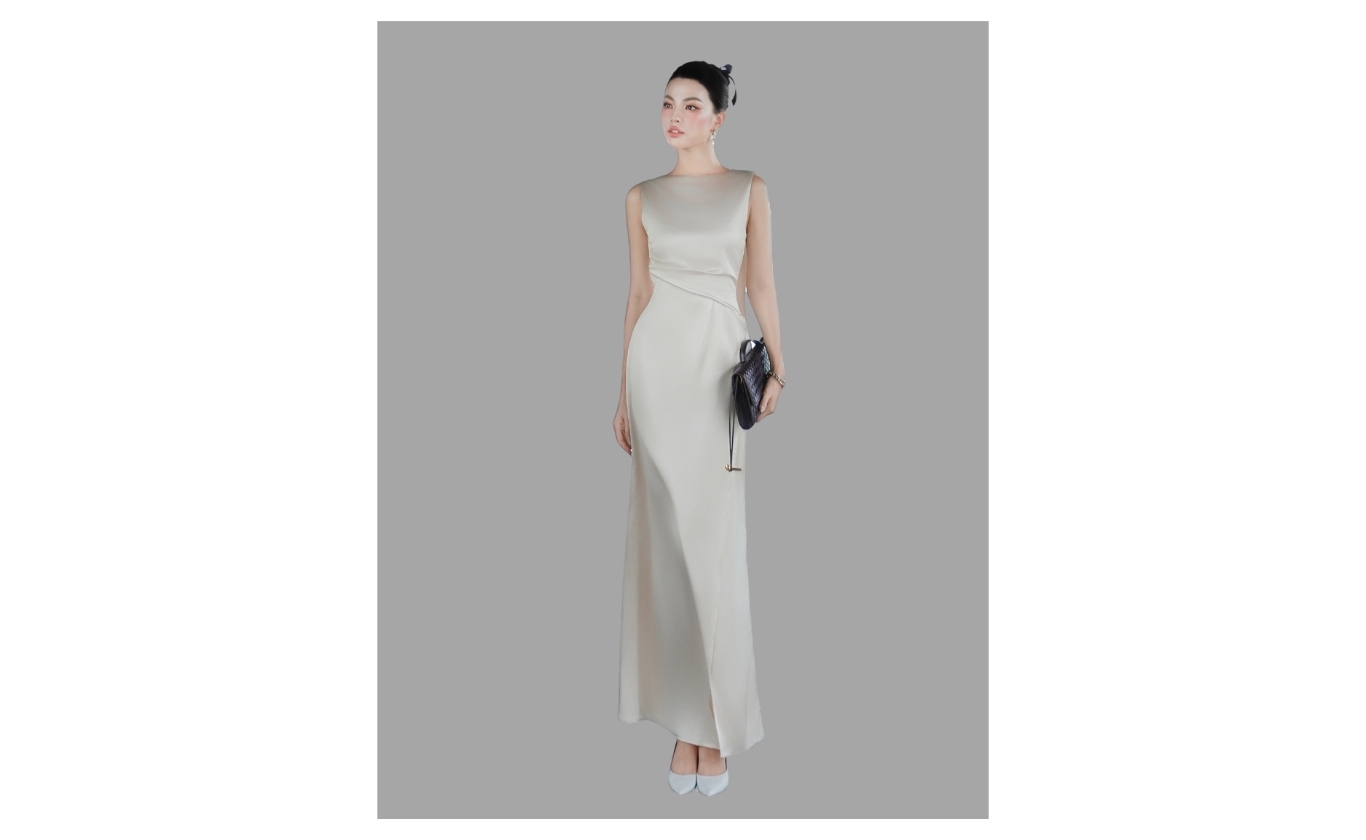 Đầm tiệc lụa dài cổ thuyền đắp tà D4512T - Ảnh sản phẩm