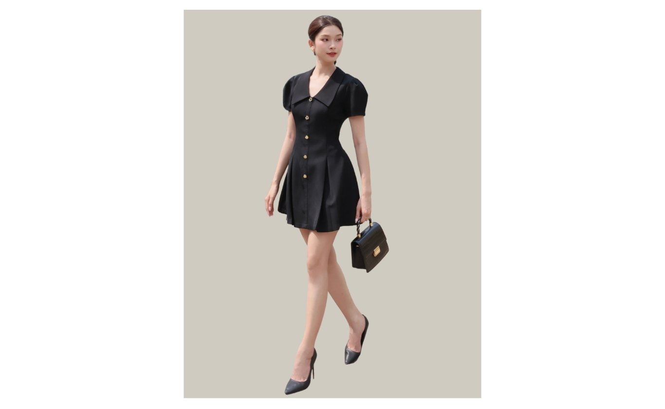 Đầm xoè công sở ngắn cổ V xếp ly D4393A - Ảnh trưng bày