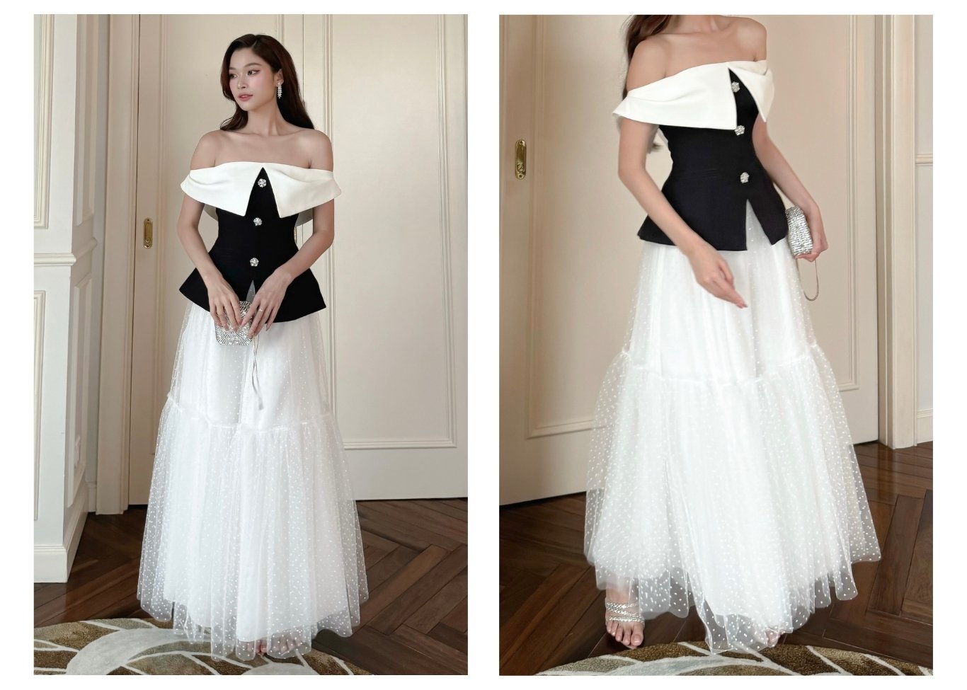Ảnh lookbook 1 Chân váy xòe tiệc dài lưới phồng trắng V4028Q