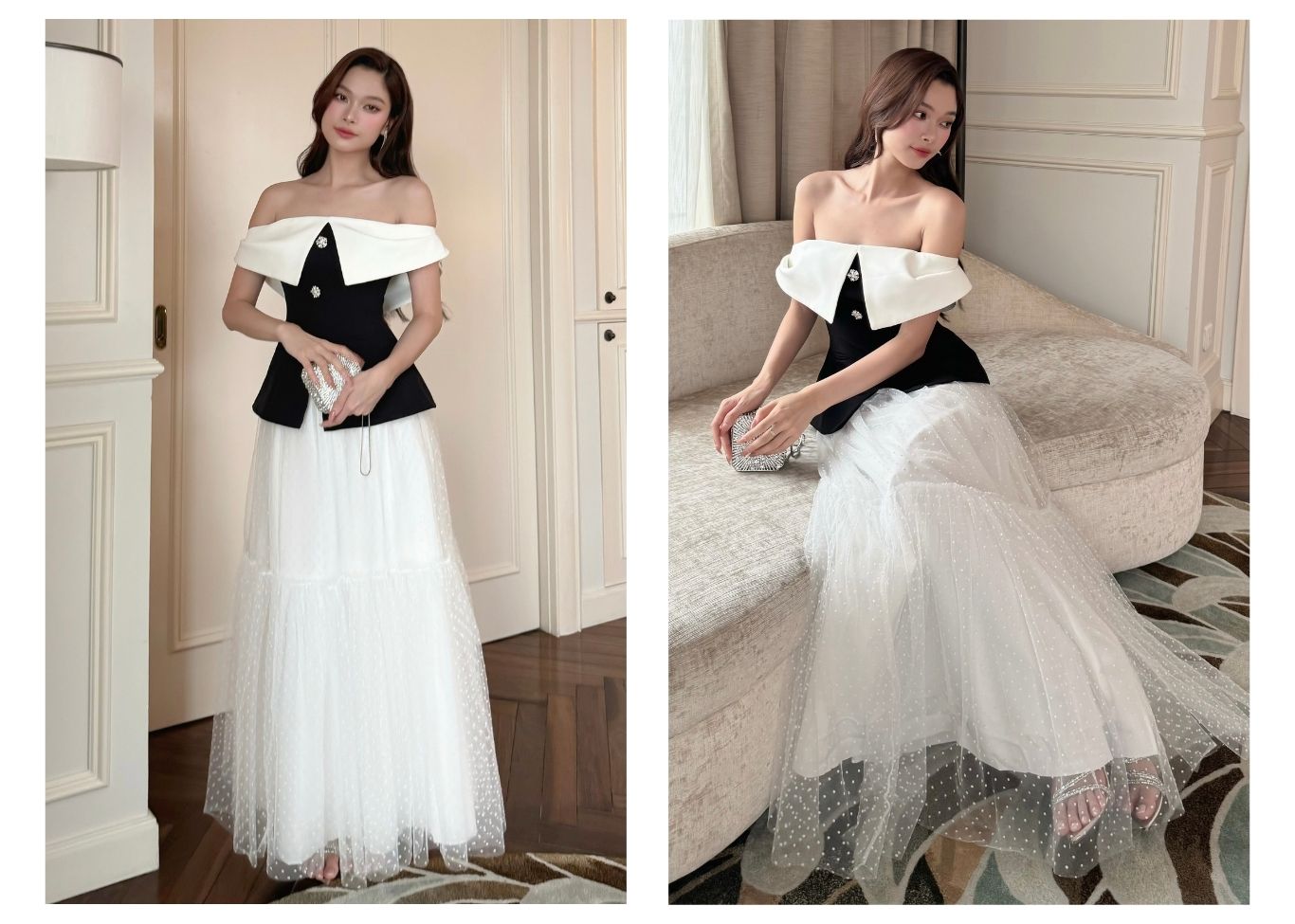 Ảnh lookbook 2 Chân váy xòe tiệc dài lưới phồng V4028Q