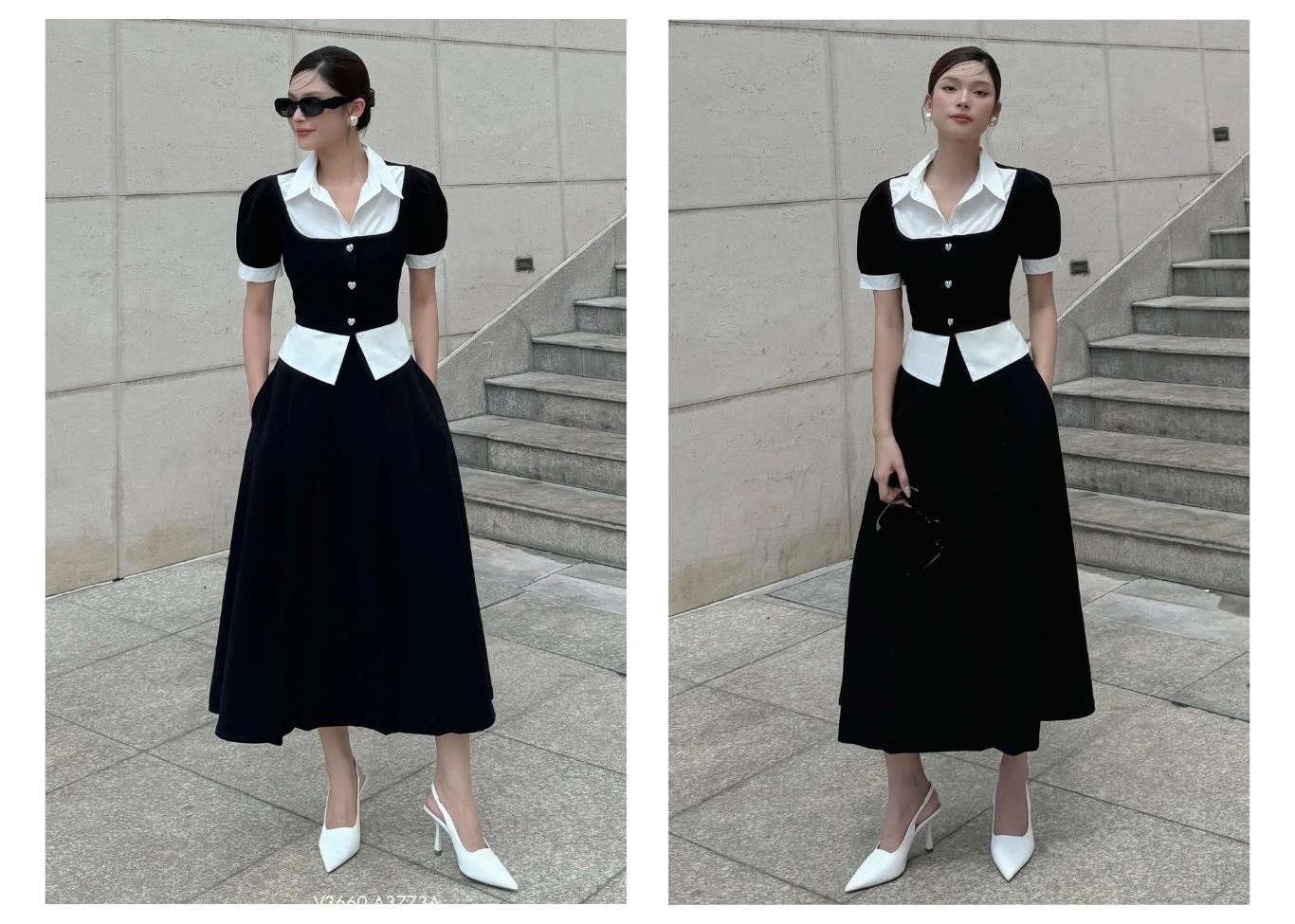 Ảnh lookbook Áo kiểu công sở đen phối trắng A3773A