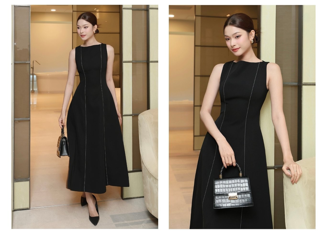 Ảnh lookbook Đầm xoè tiệc dài cotton cổ thuyền D4331A
