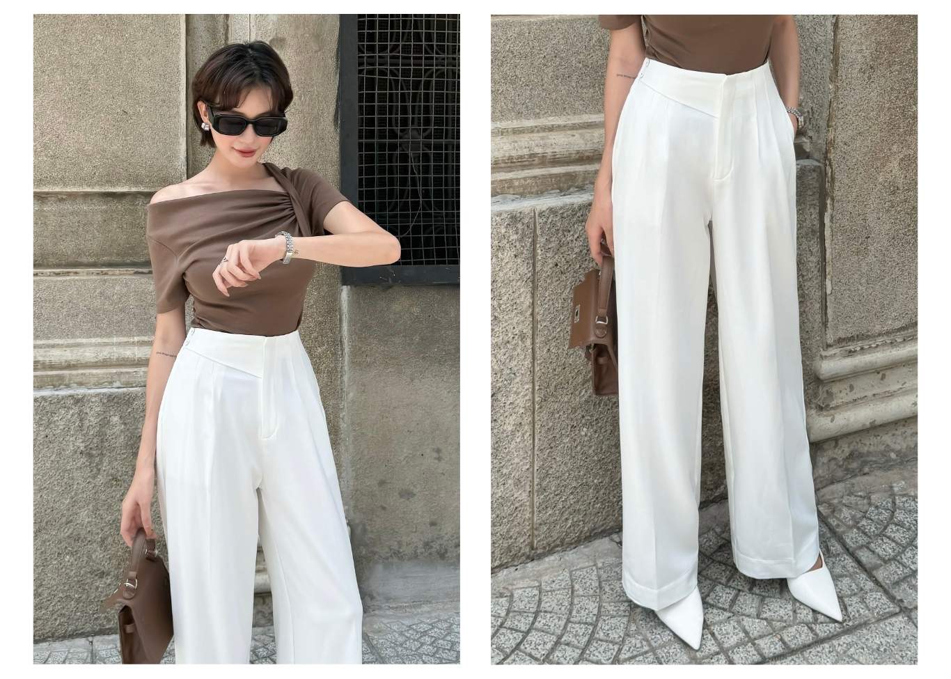 Lookbook phối áo trễ vai với Quần suông công sở dài xếp ly trắng Q3956H