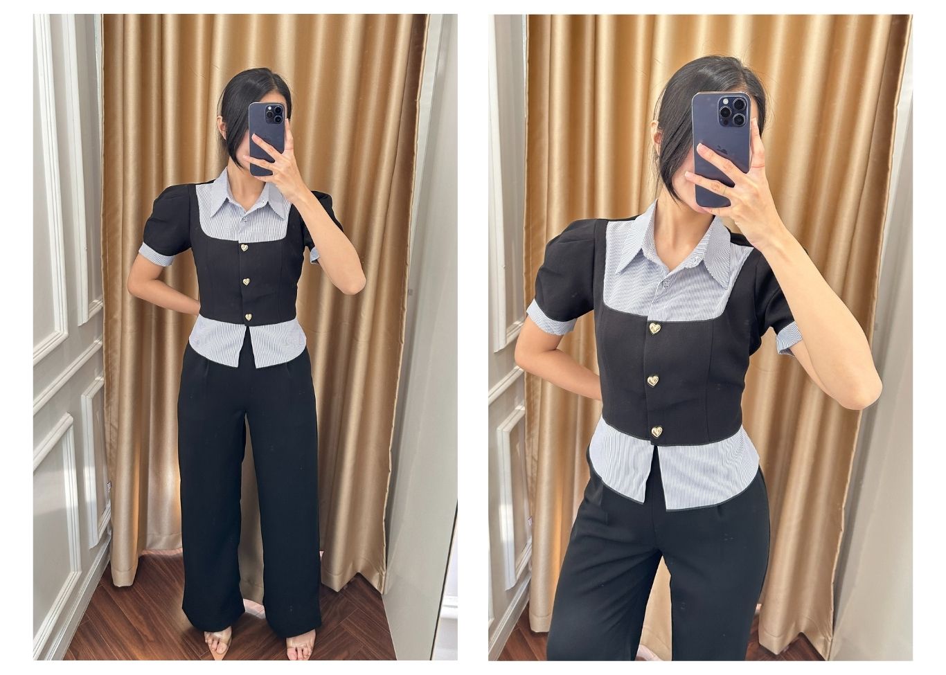 Ảnh selfie Áo kiểu công sở cotton đen phối sọc A3773A
