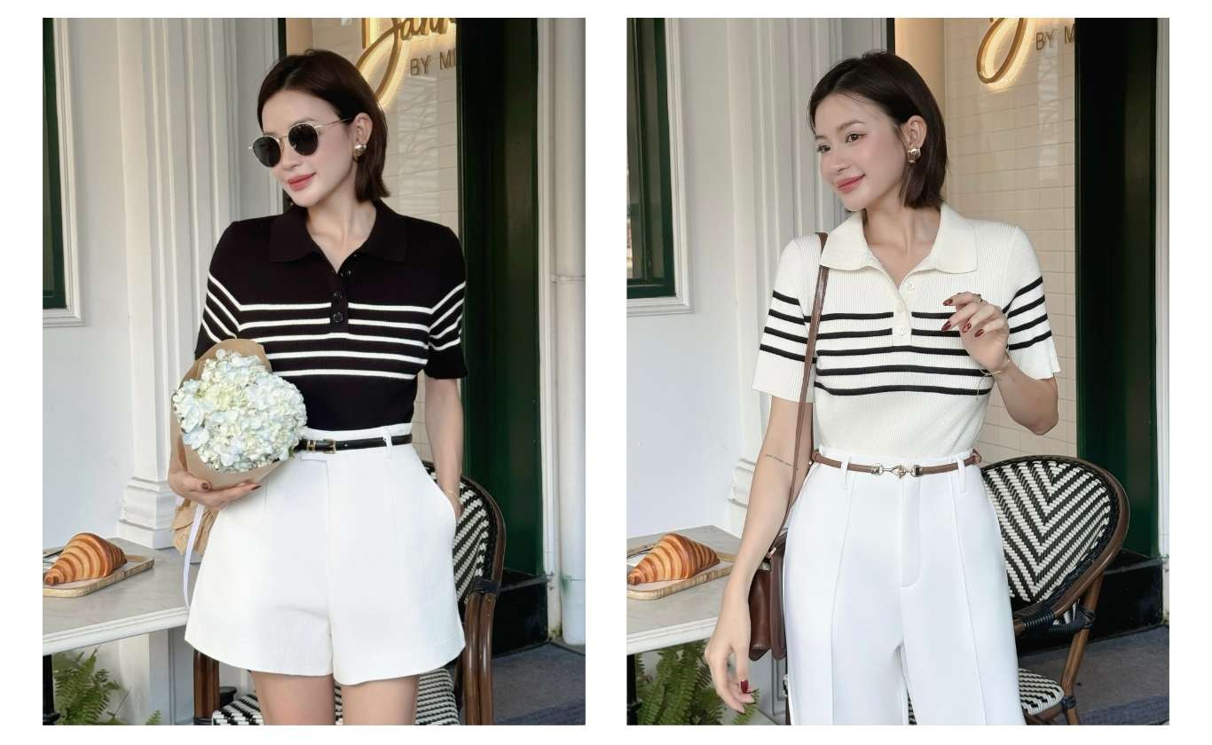 Áo dệt kim sọc ngang cổ polo - A4191V