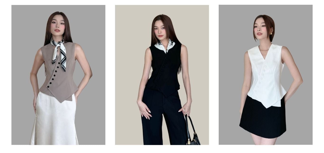 Áo gile tà xéo phối nút bọc - A3711