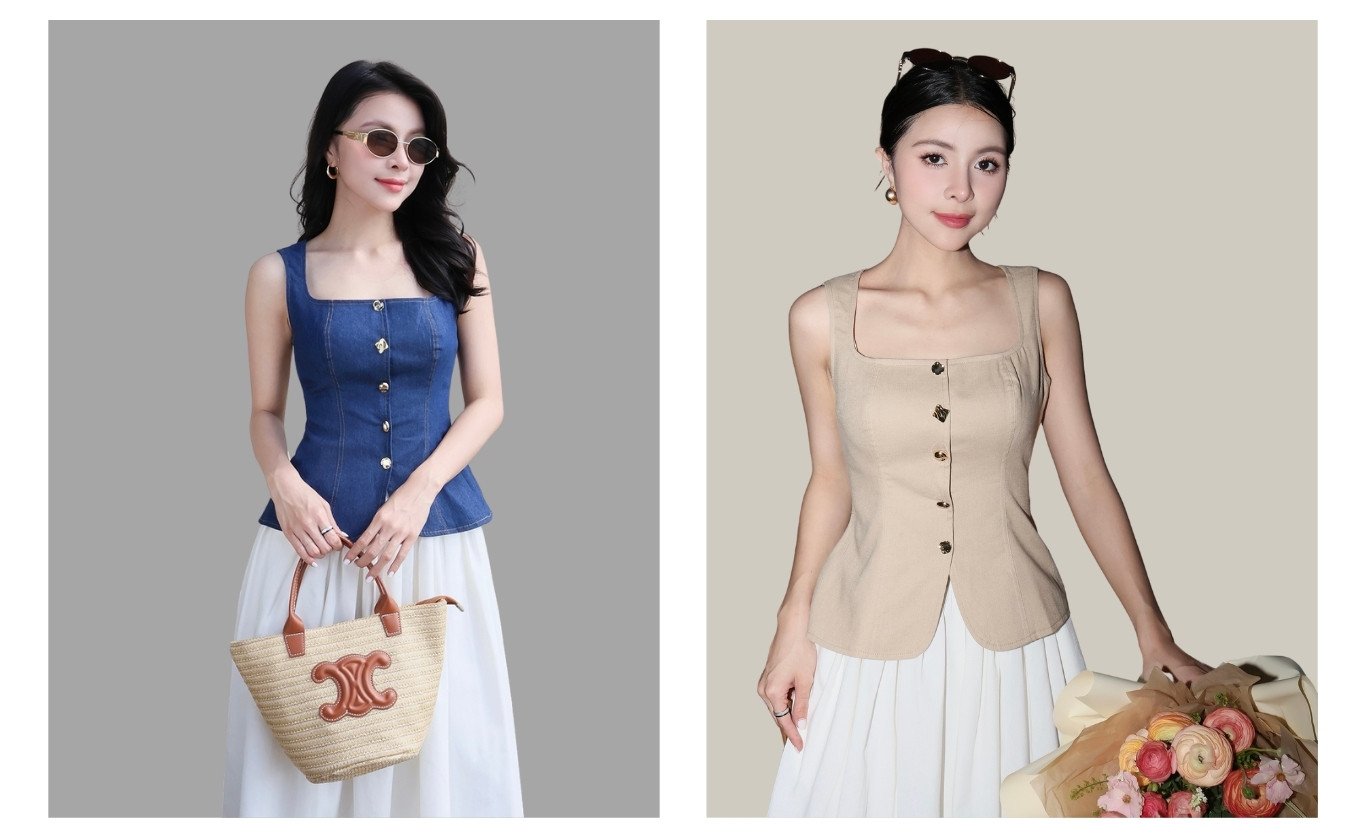 Áo kiểu cổ vuông kết nút kiểu - A4368A