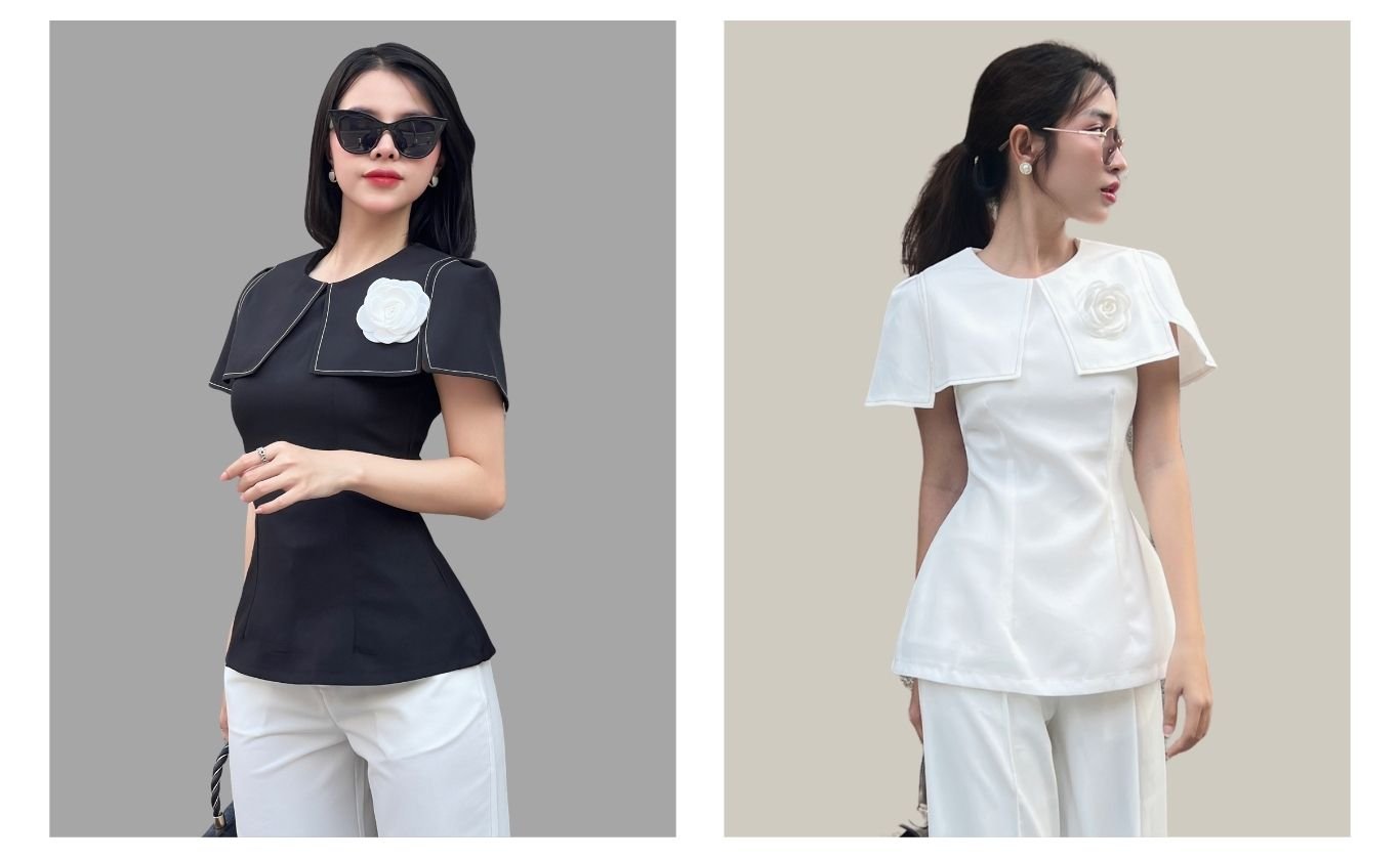 Áo kiểu peplum cổ cape viền chỉ - A2186