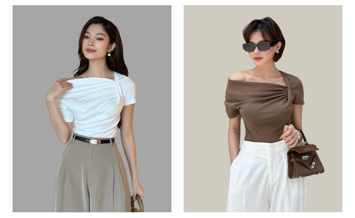 Áo thun trễ vai xếp nhún - A2989
