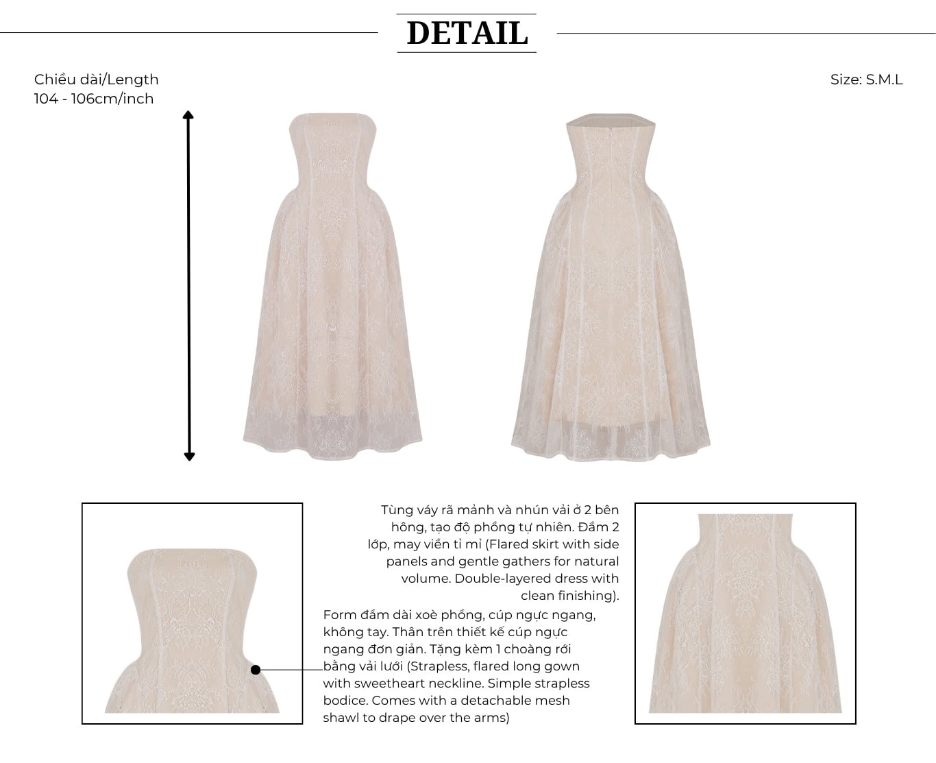 Đầm cúp ngực tiệc dài kèm choàng D4508T - Thiết kế chi tiết