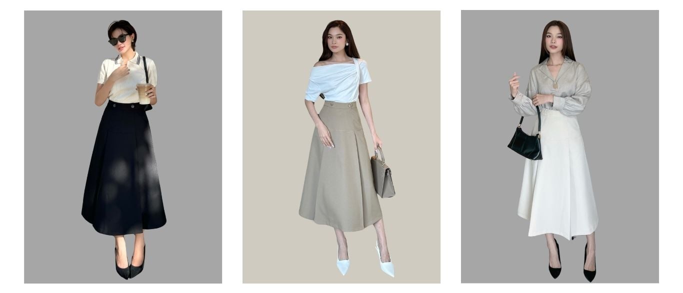Chân váy dài công sở xòe viền - V3544