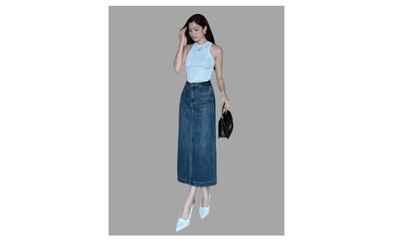 Chân váy jean form dài xẻ trước - V3488