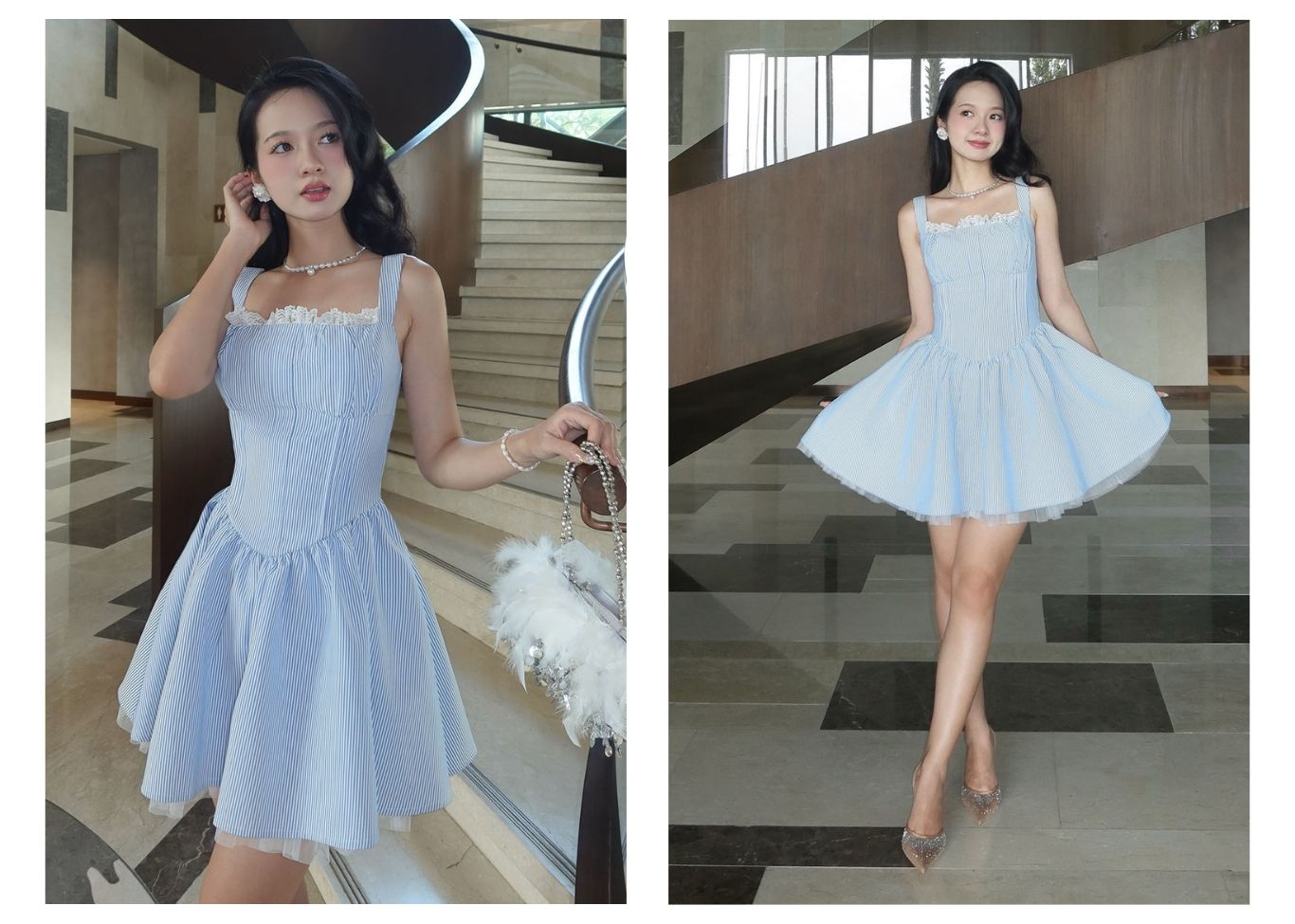 Đầm dạo phố sọc xanh baby – dáng đứng tự nhiên trong sảnh sang trọng
