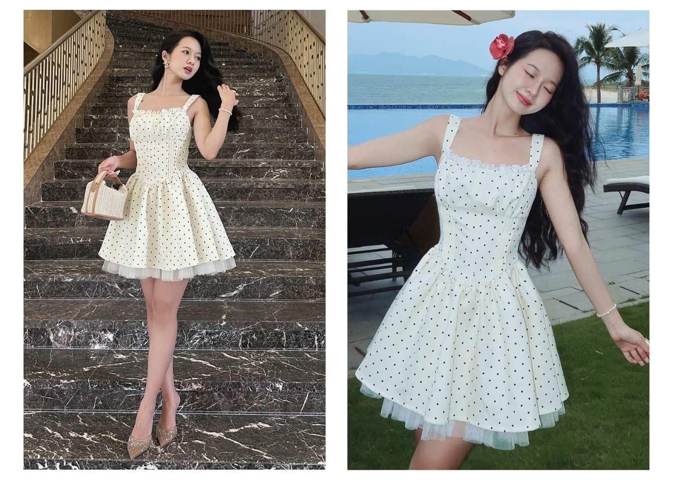 Đầm dạo phố chấm bi trắng phối ren, tạo dáng cạnh hồ bơi