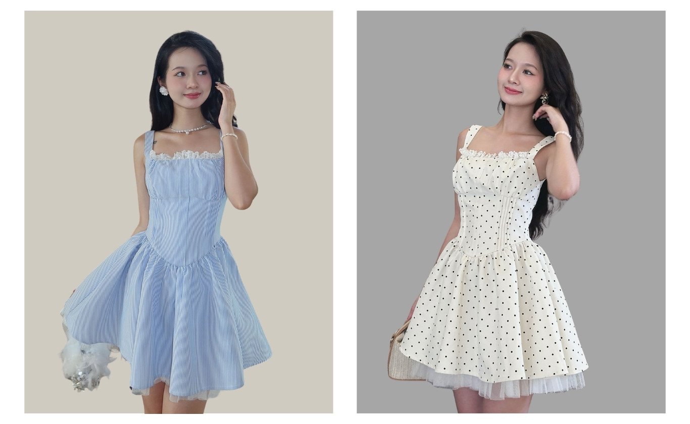 Đầm 2 dây cotton xòe chấm bi D4335B – ảnh sản phẩm nền xám