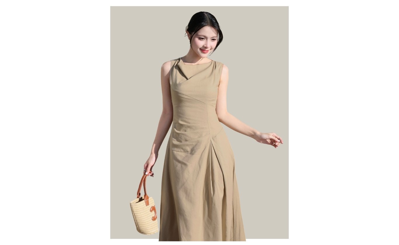 Đầm A dài cổ đổ xếp vải eo - D4349B
