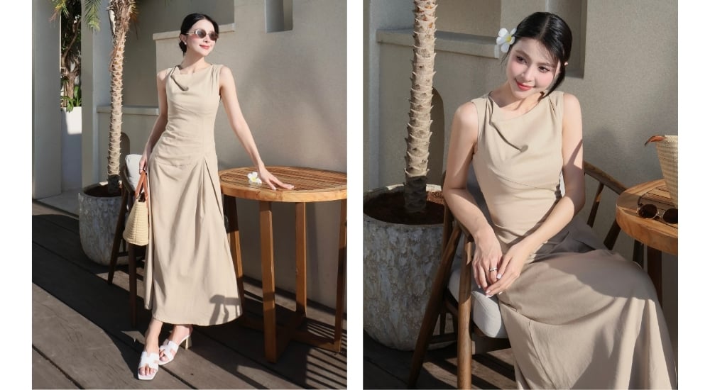 Đầm A dài cổ đổ xếp vải eo - D4349B