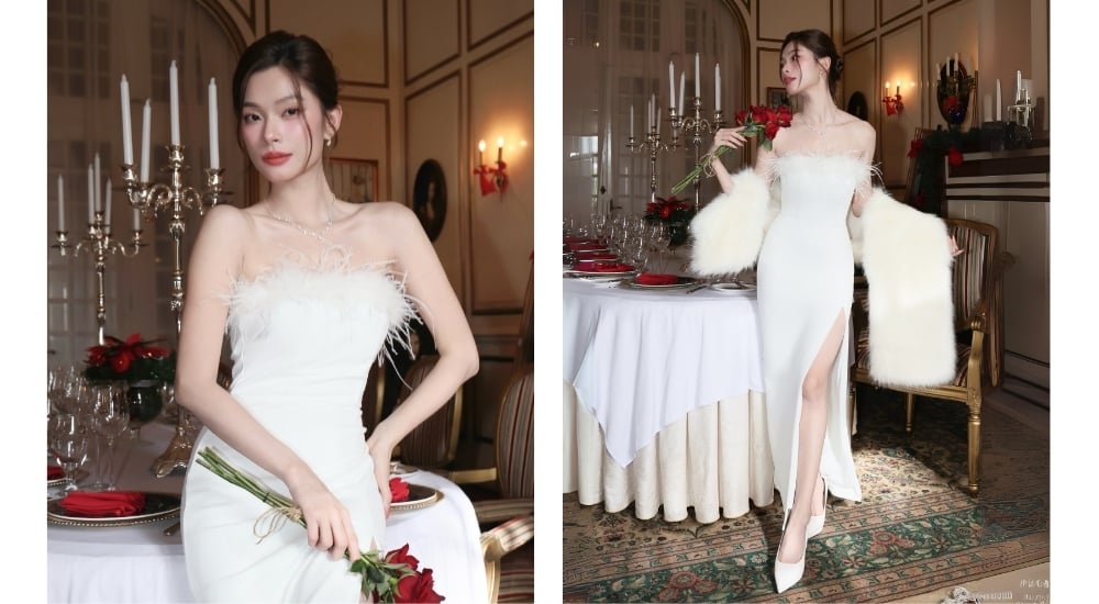 Đầm body phối lông vũ