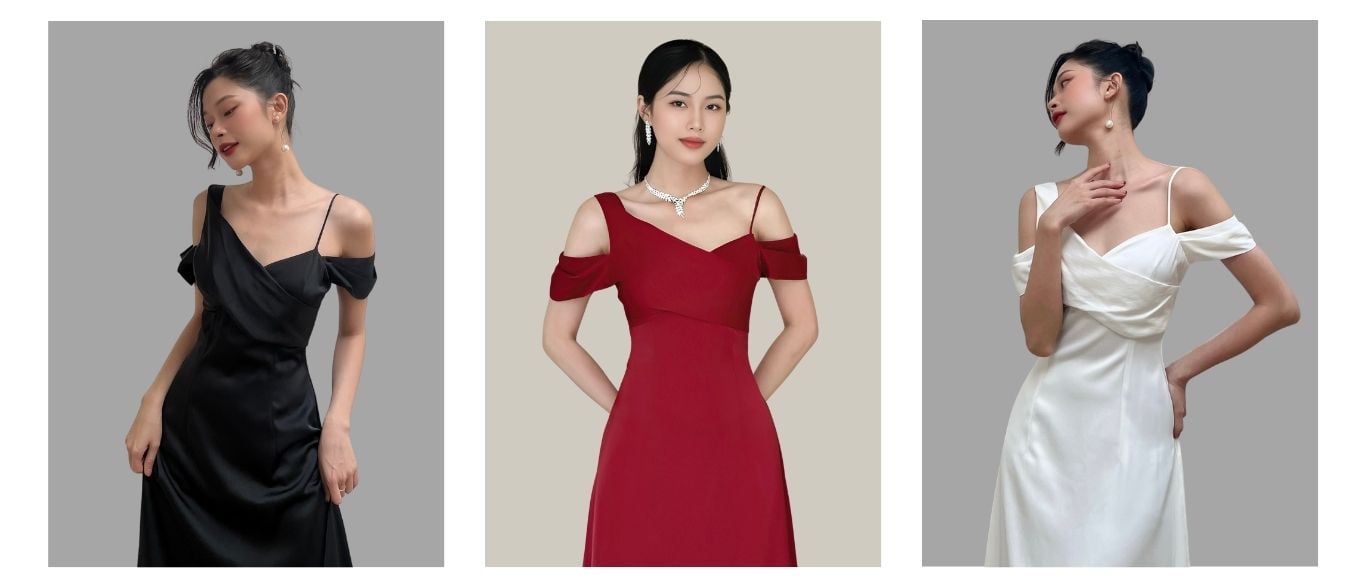 Đầm dự tiệc lụa xòe lệch vai - D1293