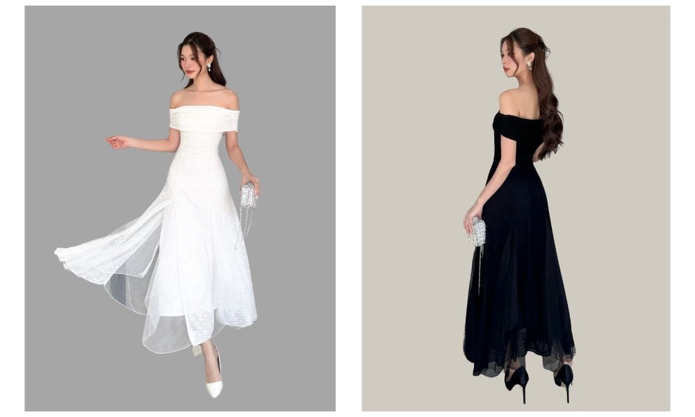 Đầm dự tiệc trễ vai form dài - D3446