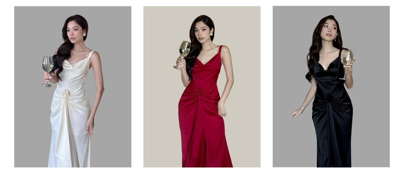Đầm lụa đuôi cá cổ đổ kết hoa - D3531