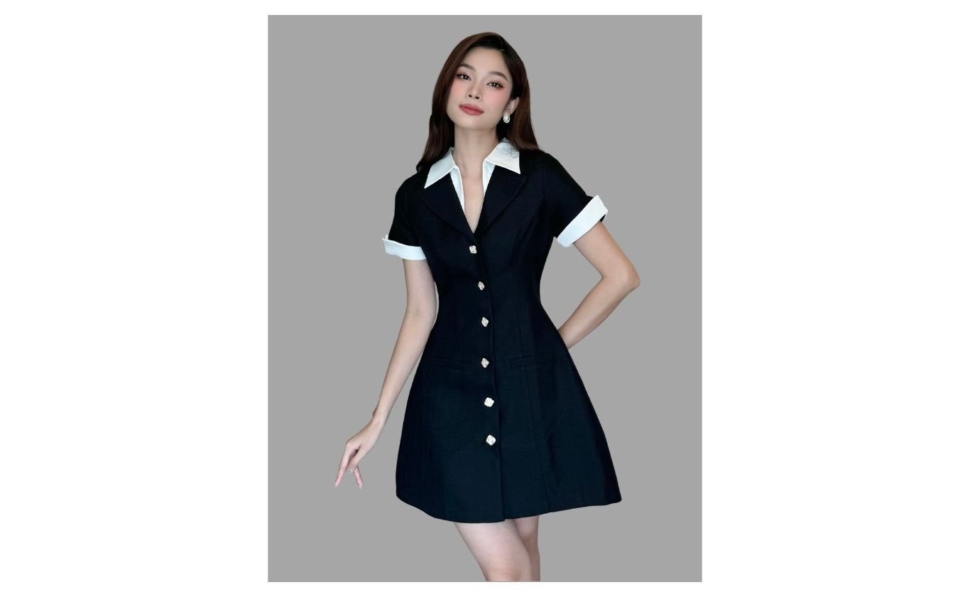 Đầm sơ mi chữ A phối cổ trắng - D3421