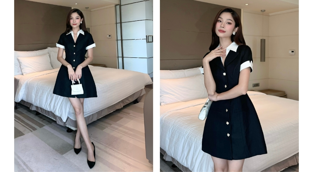 Đầm sơ mi chữ A phối cổ trắng - D3421