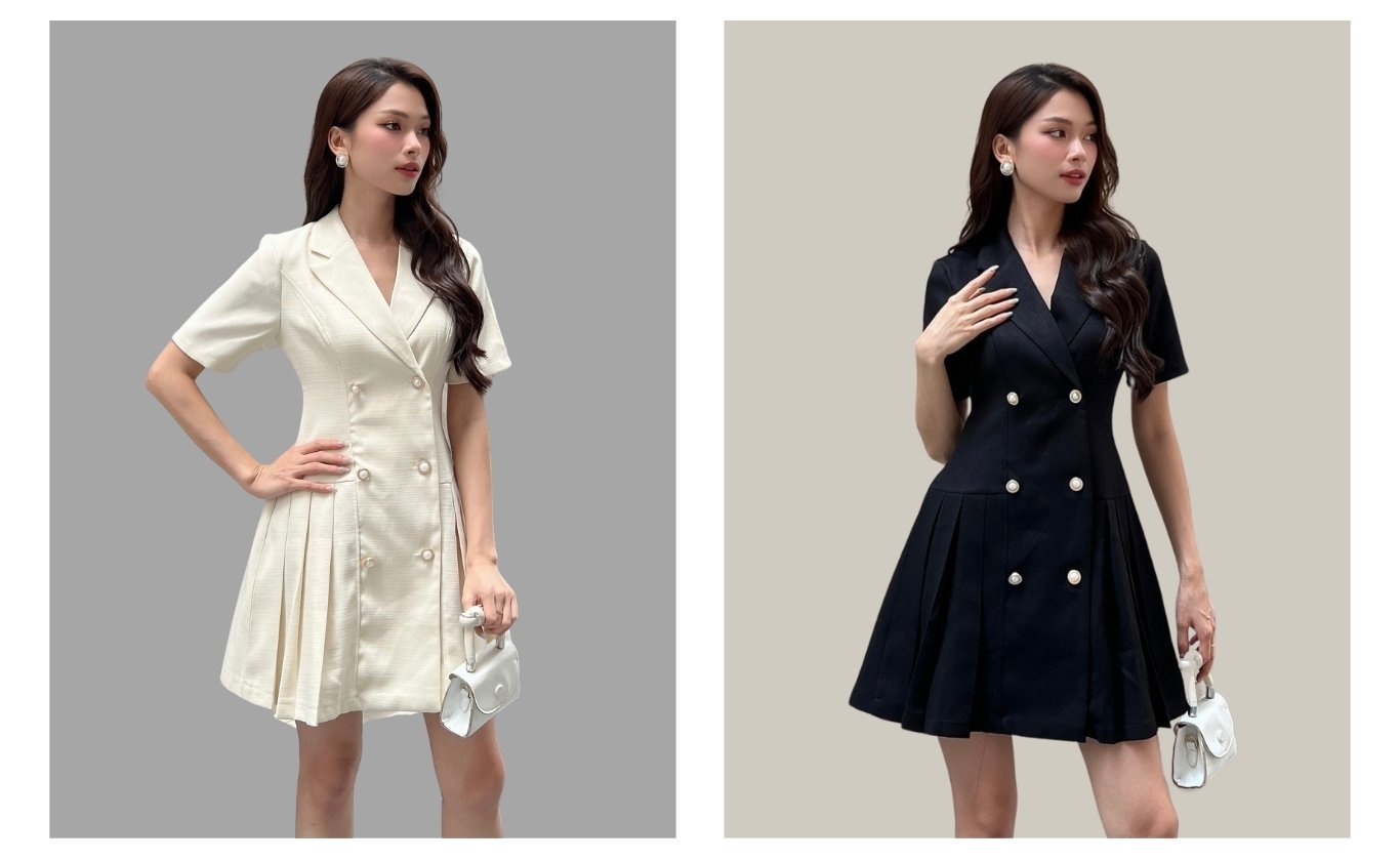 Đầm sơ mi xếp ly phối cổ vest - D2404