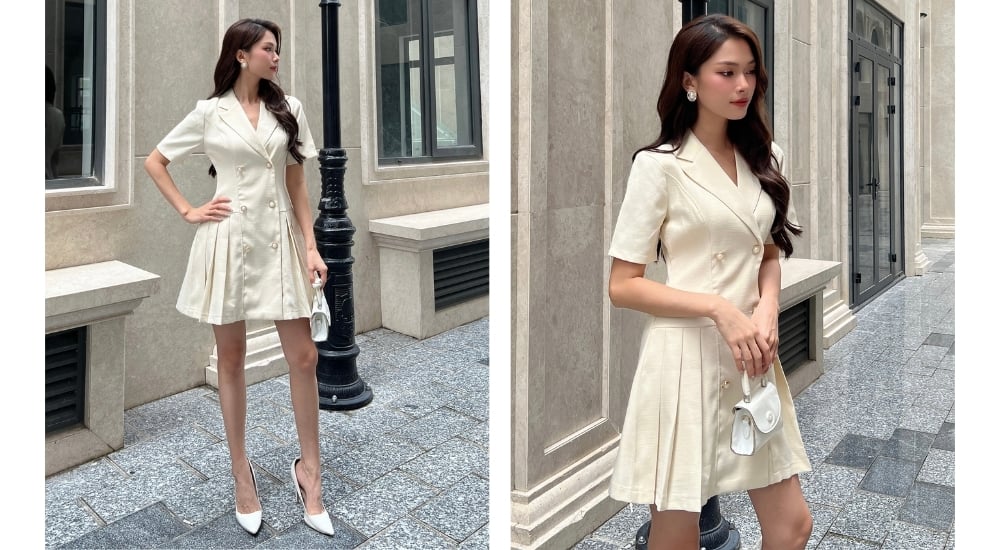 Đầm sơ mi xếp ly phối cổ vest - D2404