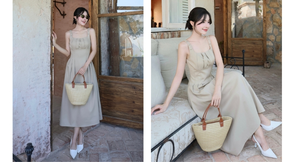 Đầm xòe hai dây xếp ly ngực chất linen-D4288A